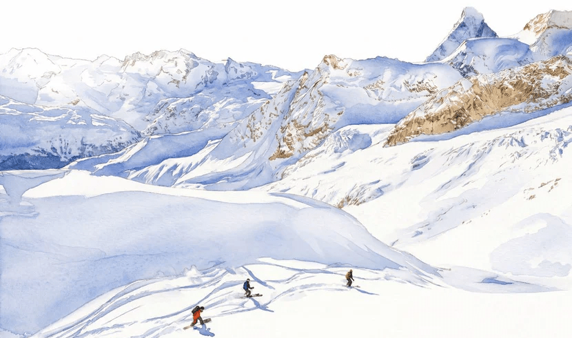 Papier peint heliski Zermatt – Montagnes suisses en aquarelle - Muralconcept