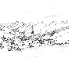 Papier peint panoramique La Clusaz en peinture - Noir et blanc - Muralconcept