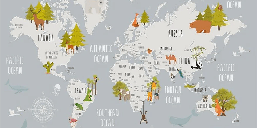 Papier peint chambre enfant map animaux gris clair, XXL, tendance