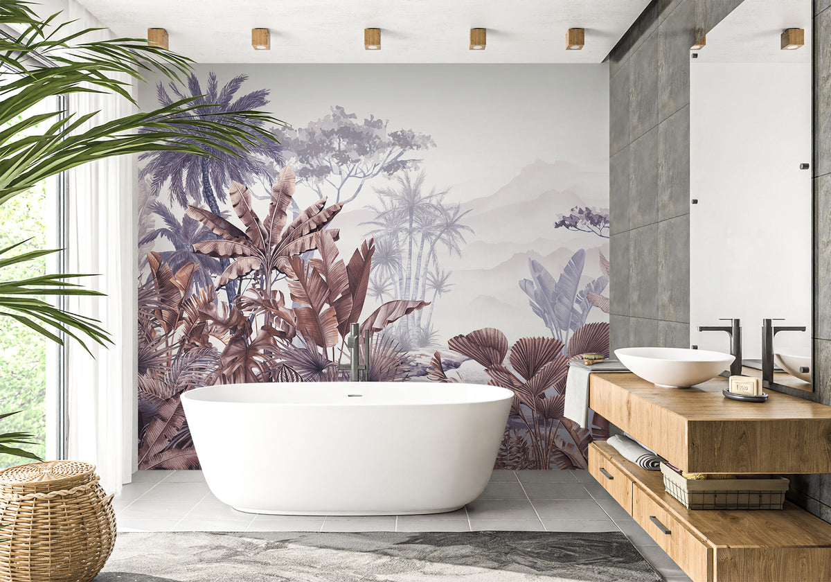 Papier peint salle de bain tendance tropical violet