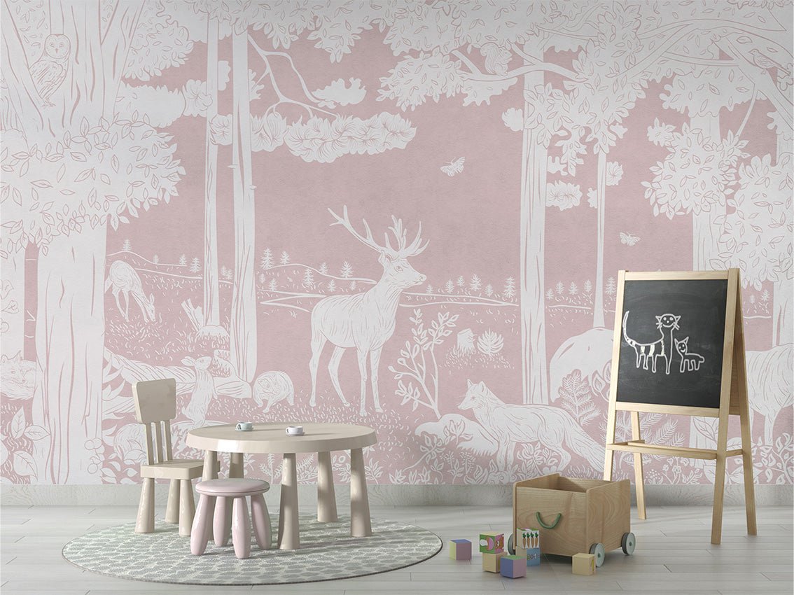 Papier peint animaux des bois rose