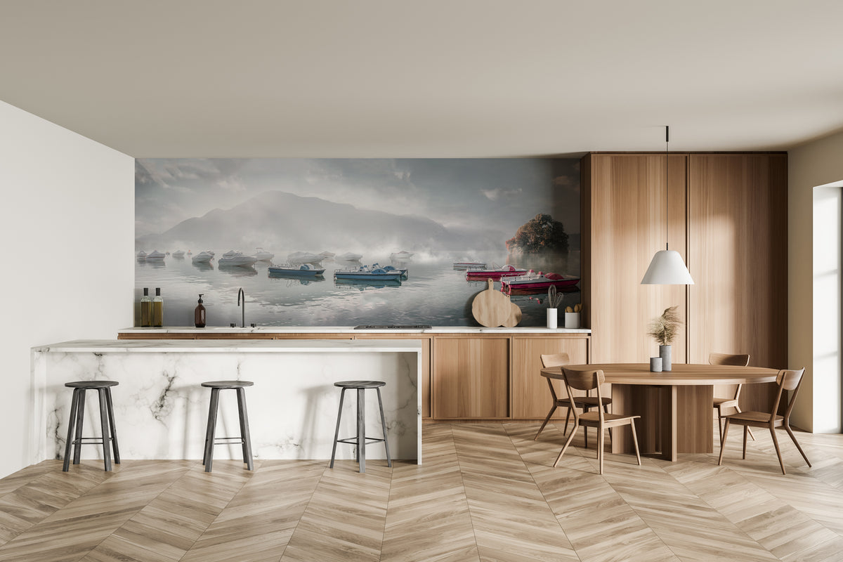 Papier peint restaurant un matin frais au lac d'Annecy vintage