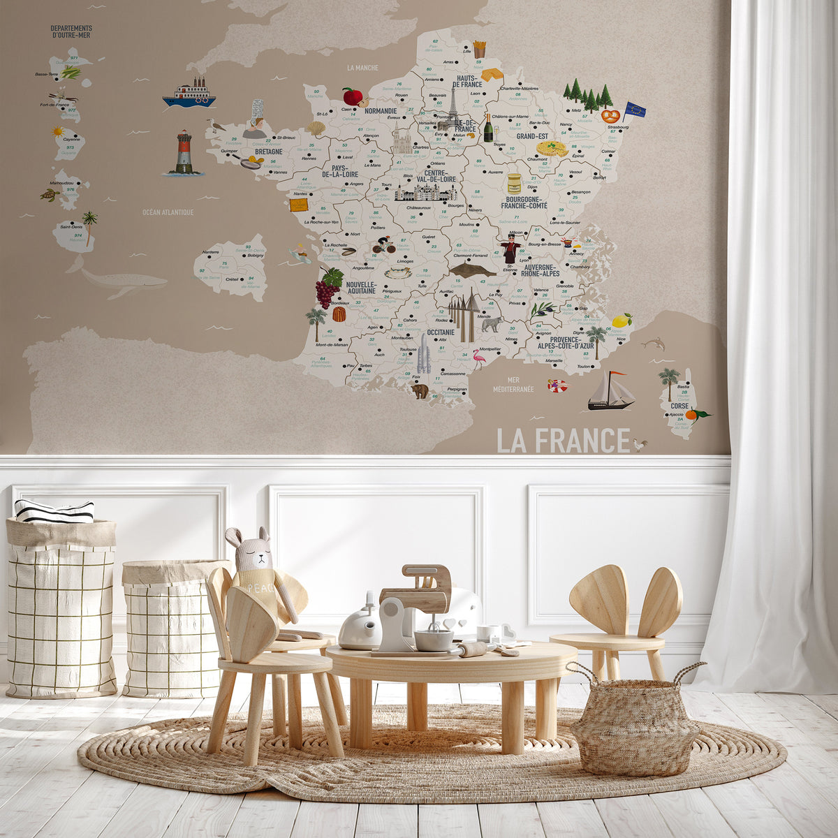 Children's map of France wallpaper beige