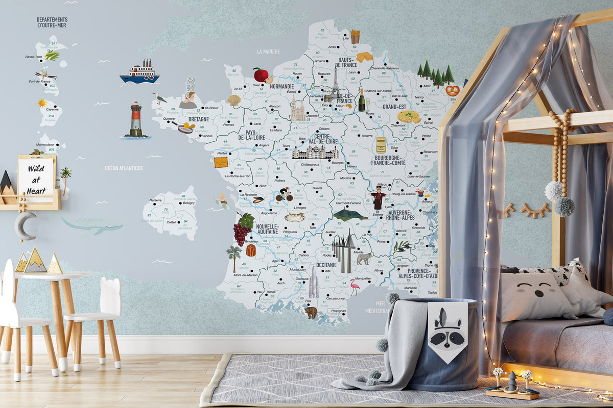 Children's map of France blue wallpaper