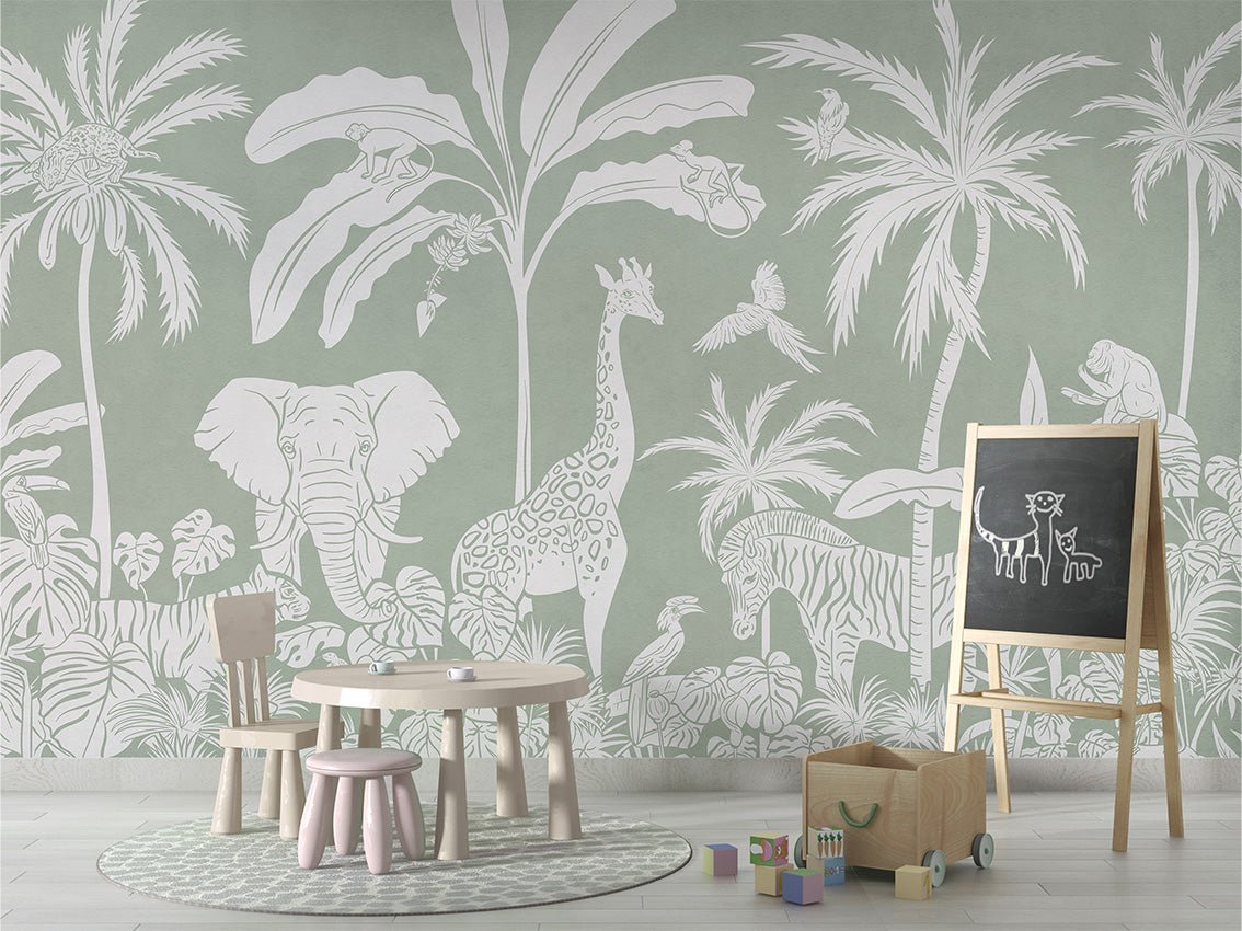 Children's wallpaper safari monochrome green