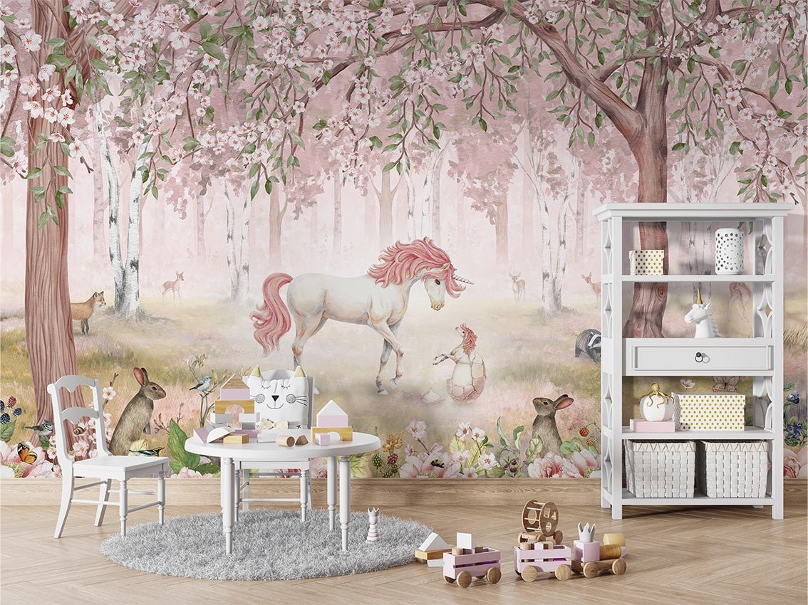 Papier peint licorne féerique rose - Muralconcept