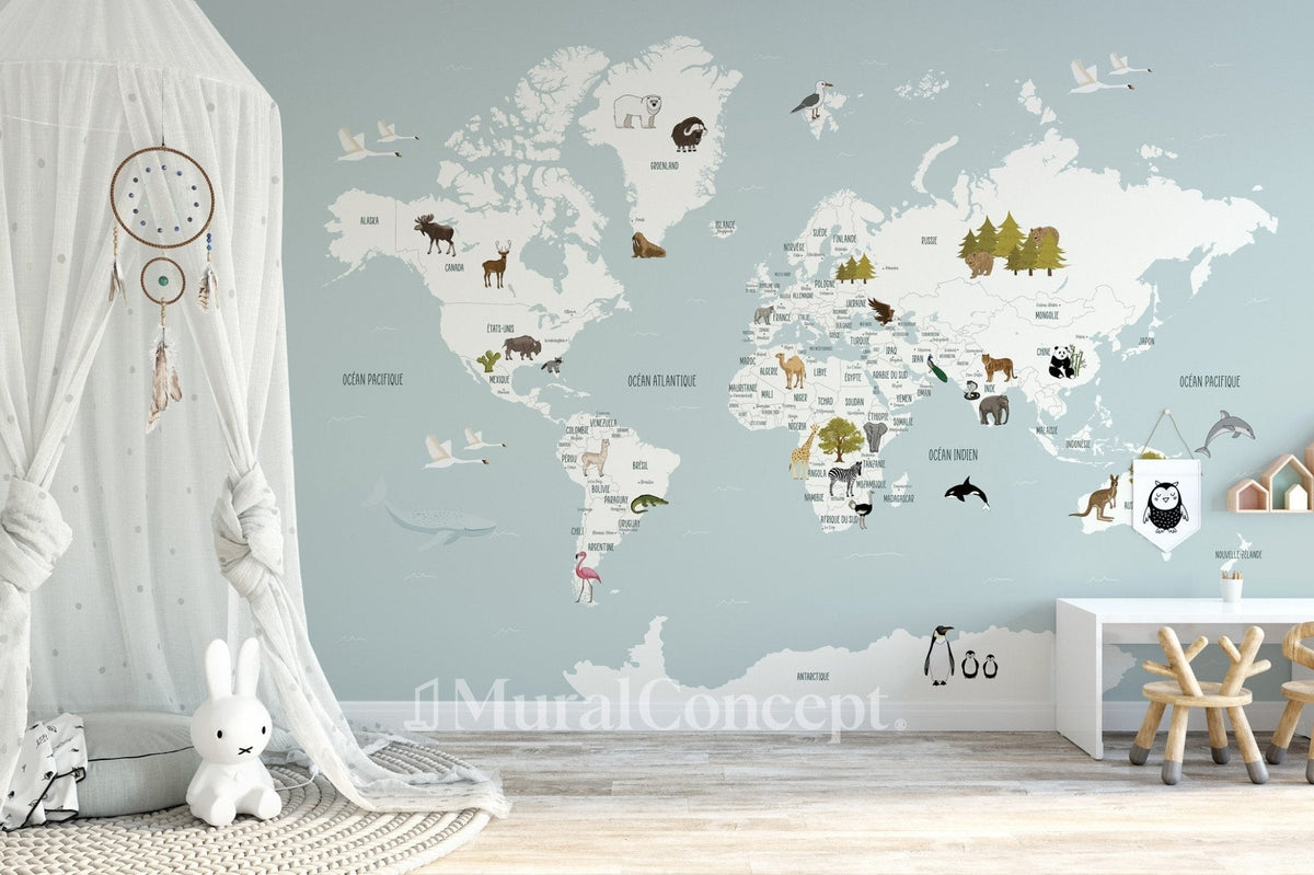 Mappa del mondo per bambini in carta da parati francese blu ghiaccio