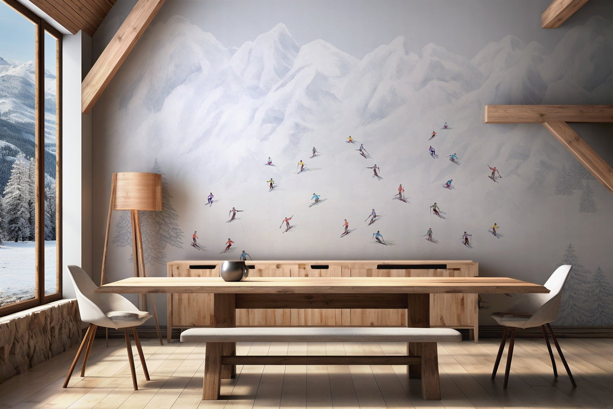 Tapete Berg Skifahrer bunt