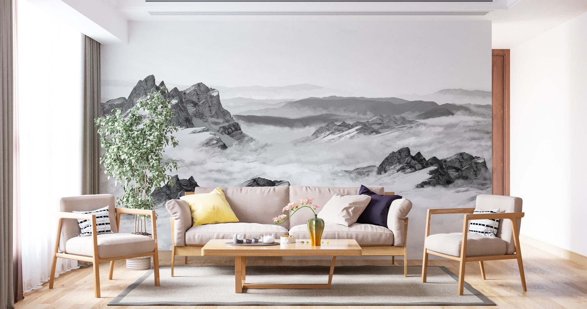 Papier peint panoramique montagne noir et blanc, XXL, tendance