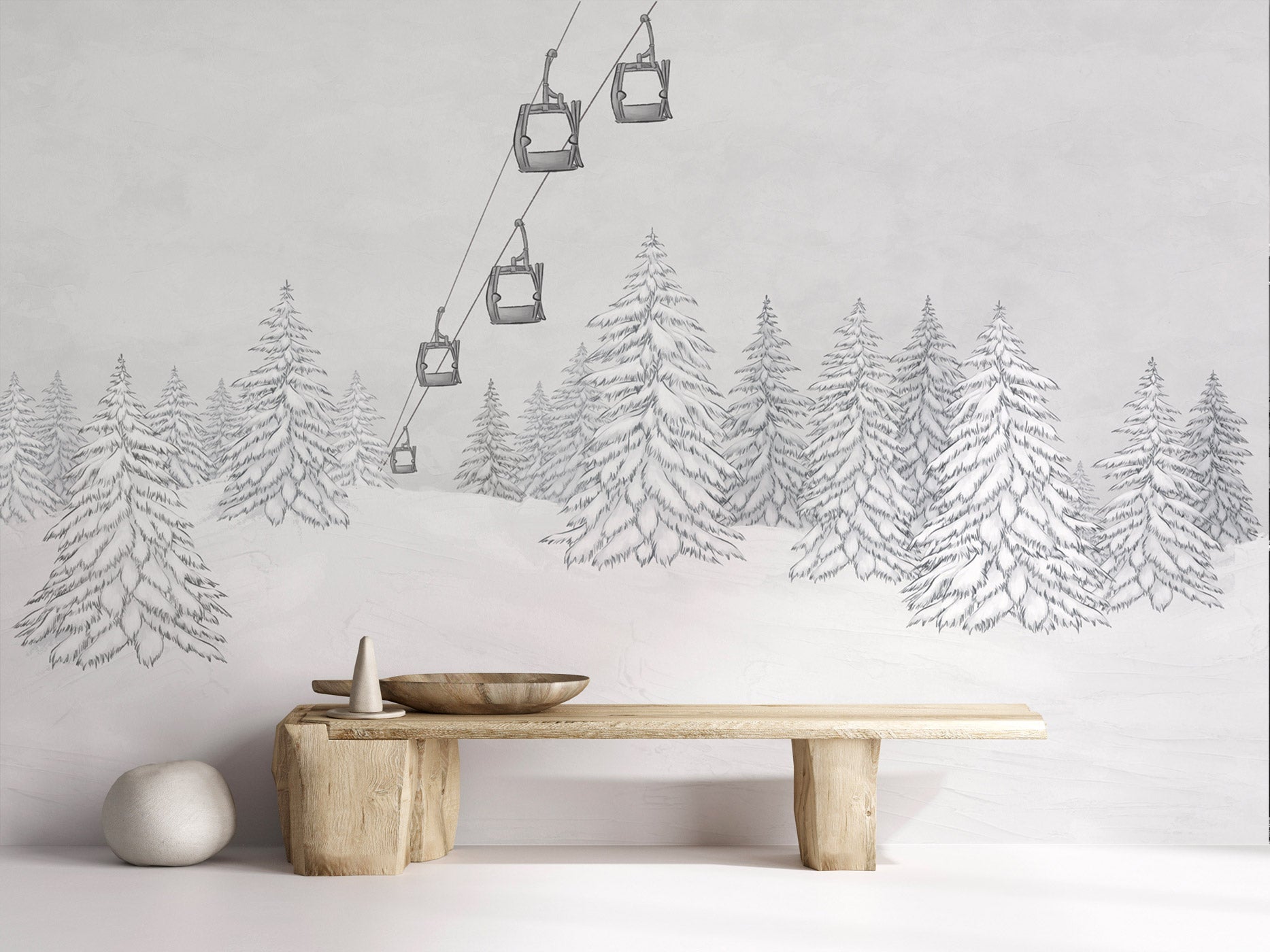 Papier peint montagne télécabine noir & blanc, XXL, tendance