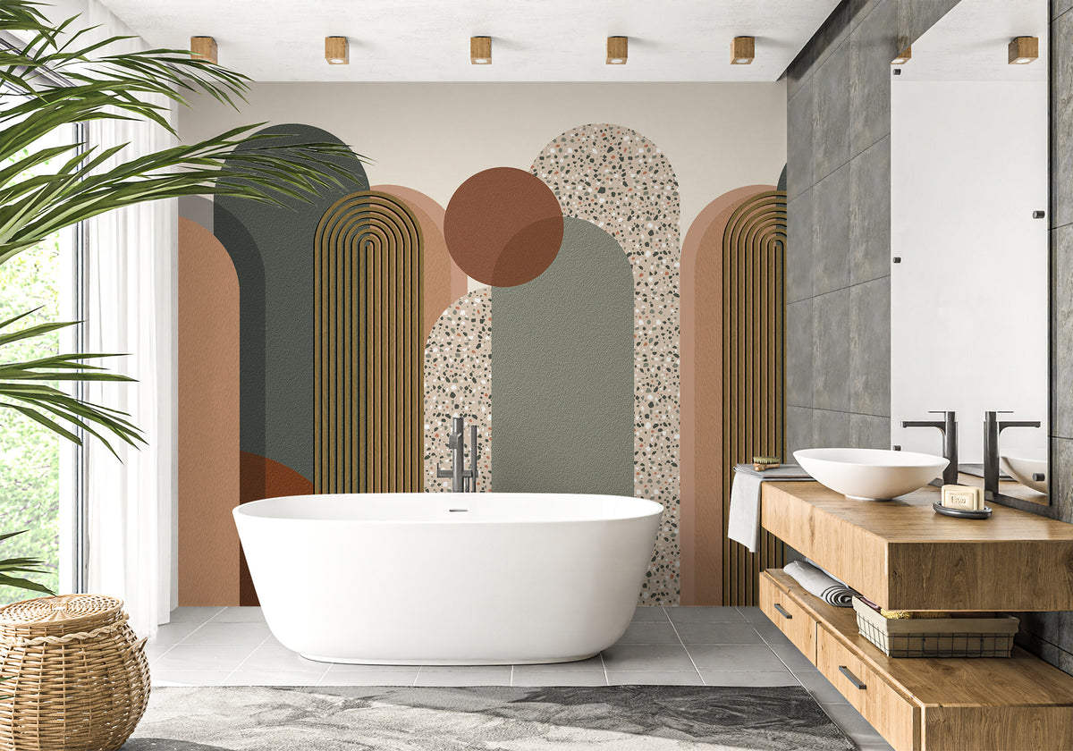 Trendy graphic art deco bathroom wallpaper