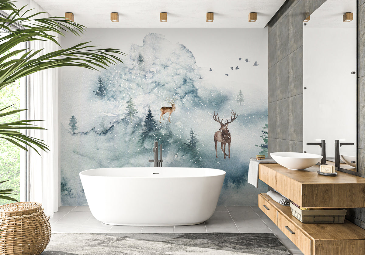 Stag & Scandinavian bathroom wallpaper