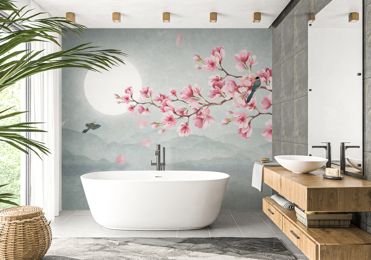 Poetic cherry tree floral bathroom wallpaper