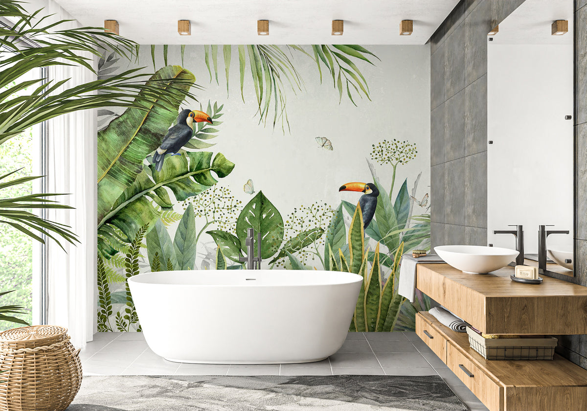 Papier peint salle de bain jungle oiseau exotique