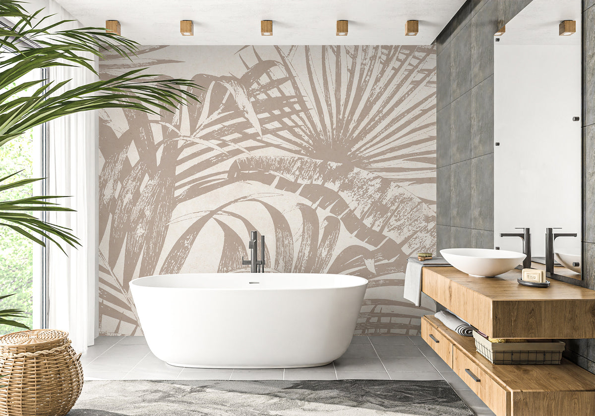 Monochrome jungle leaf bathroom wallpaper