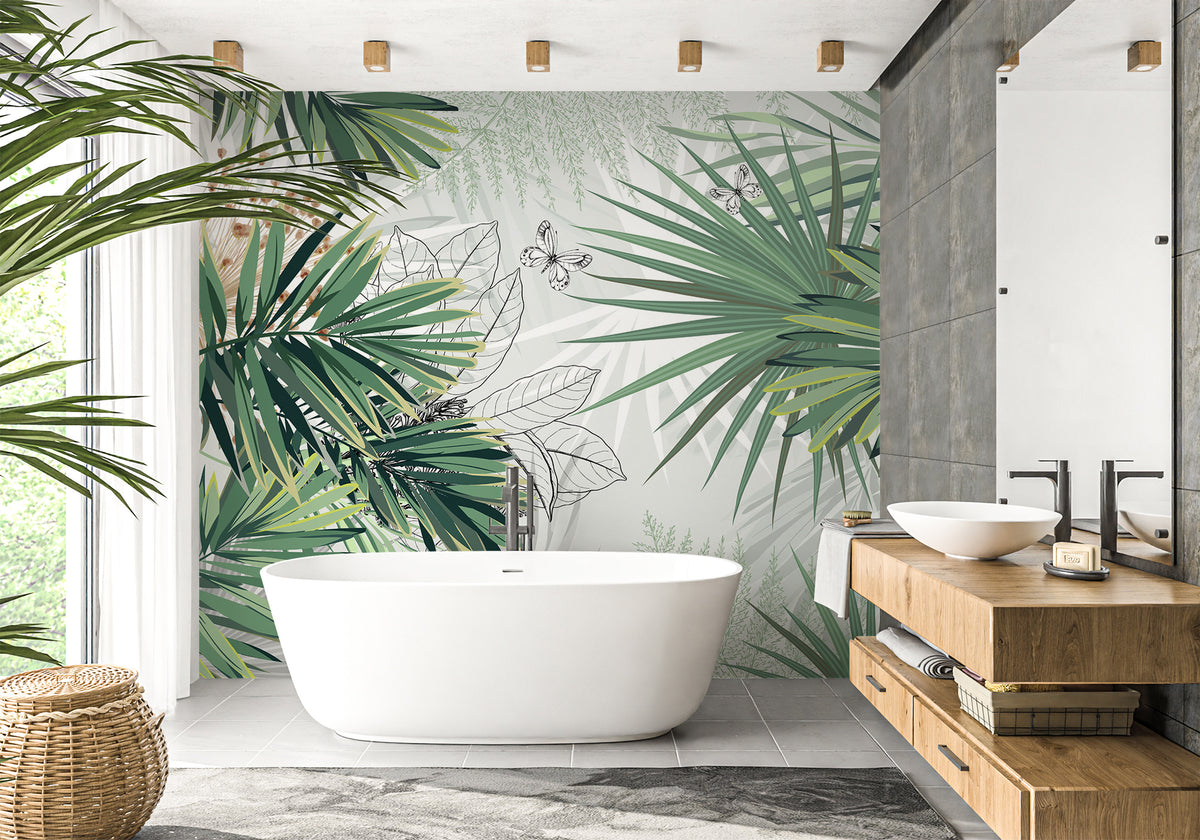 Nature green palm bathroom wallpaper