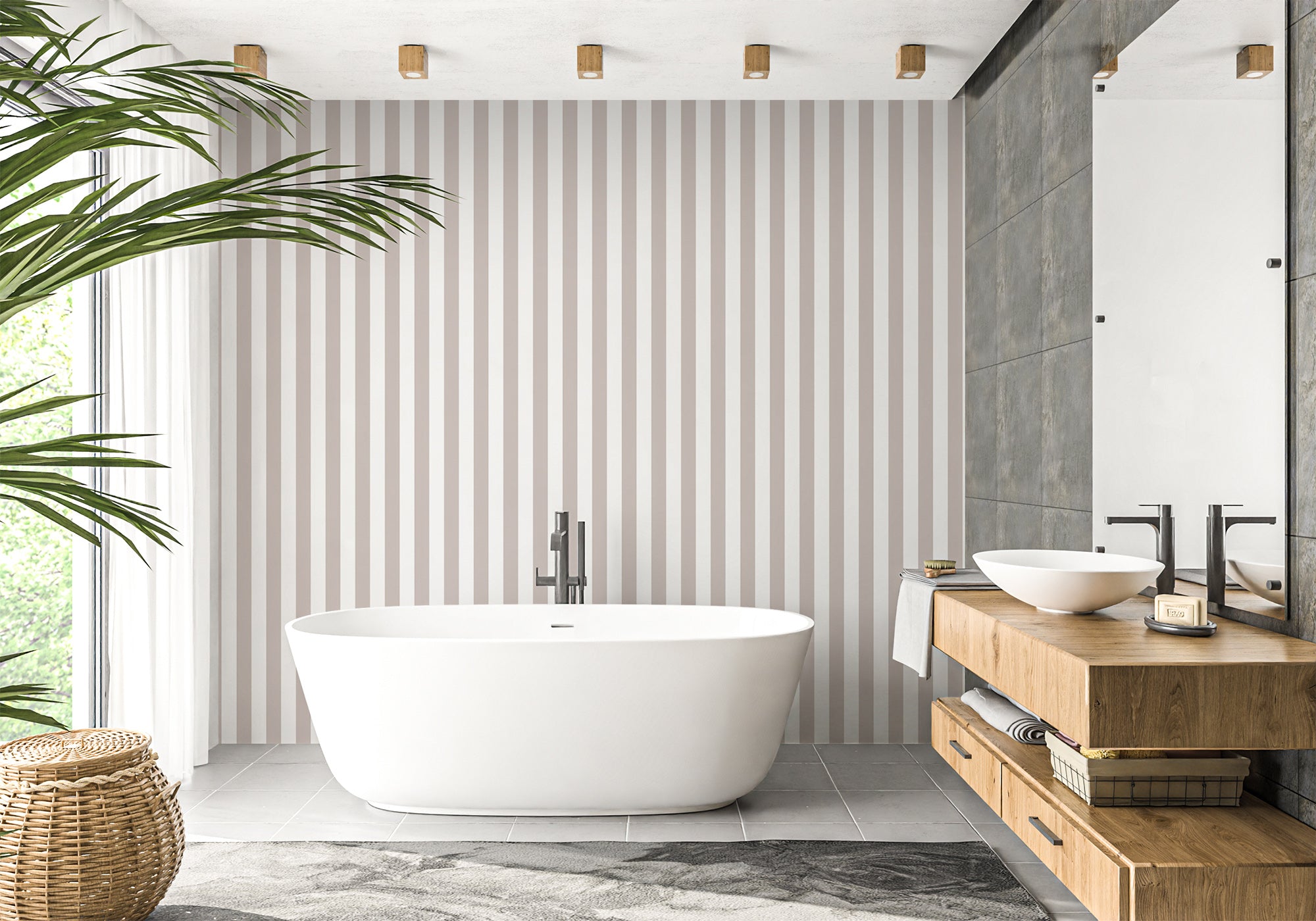 Papier peint salle de bain rayure rétro beige, mural concept, tendance