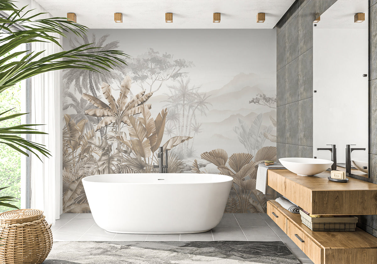 Tropical sepia bathroom wallpaper