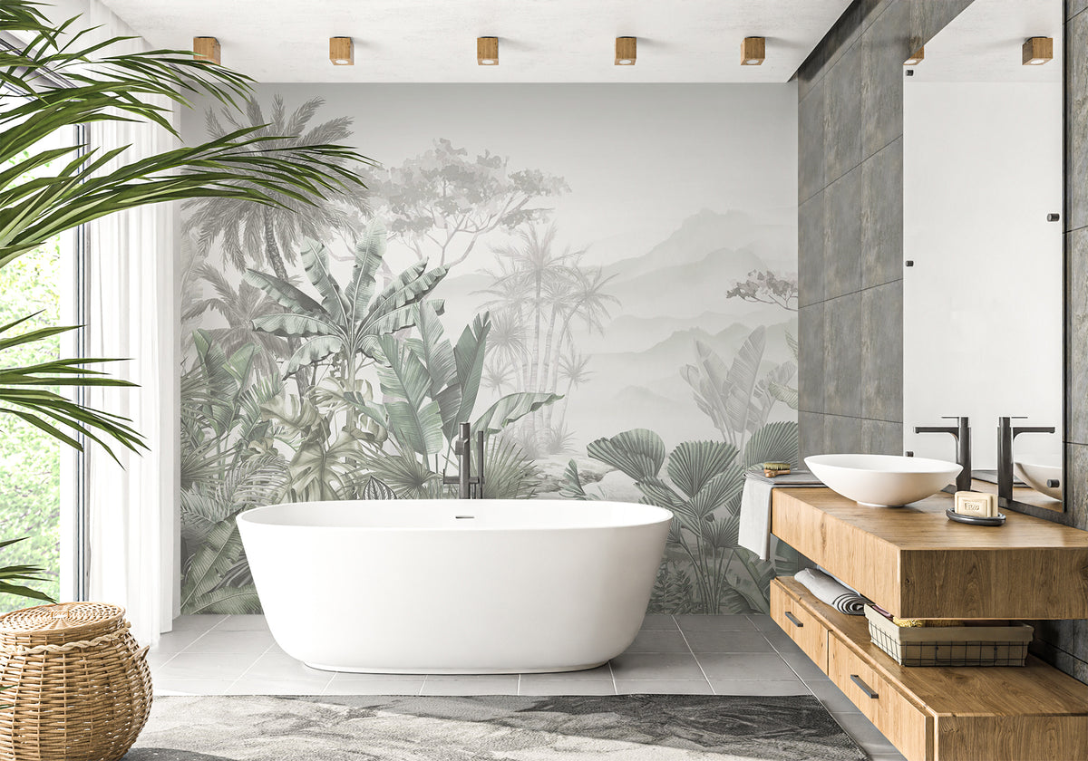 Tropical green bathroom wallpaper