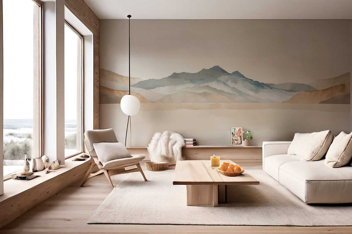 Panorama-Tapete mit pastellfarbenem Aquarellbergmotiv – Beruhigende Landschaft als Wanddekoration