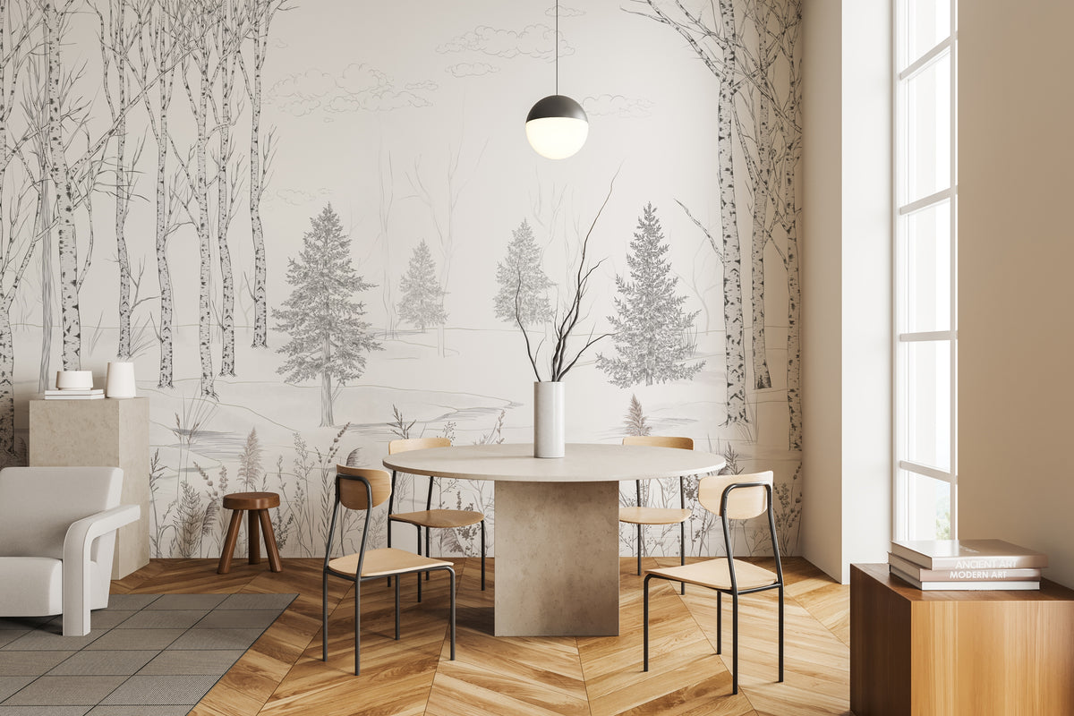 Black and white woodland wallpaper