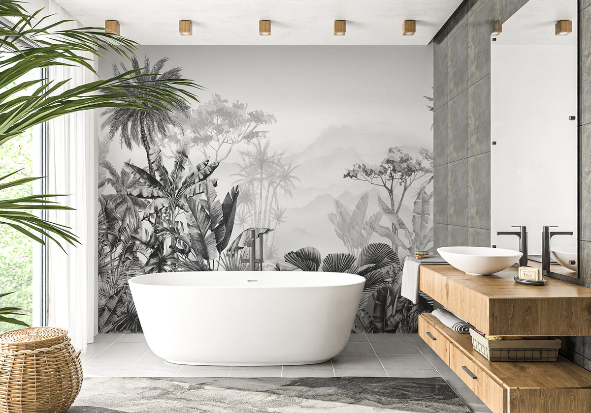 Tropical black and white bathroom wallpaper