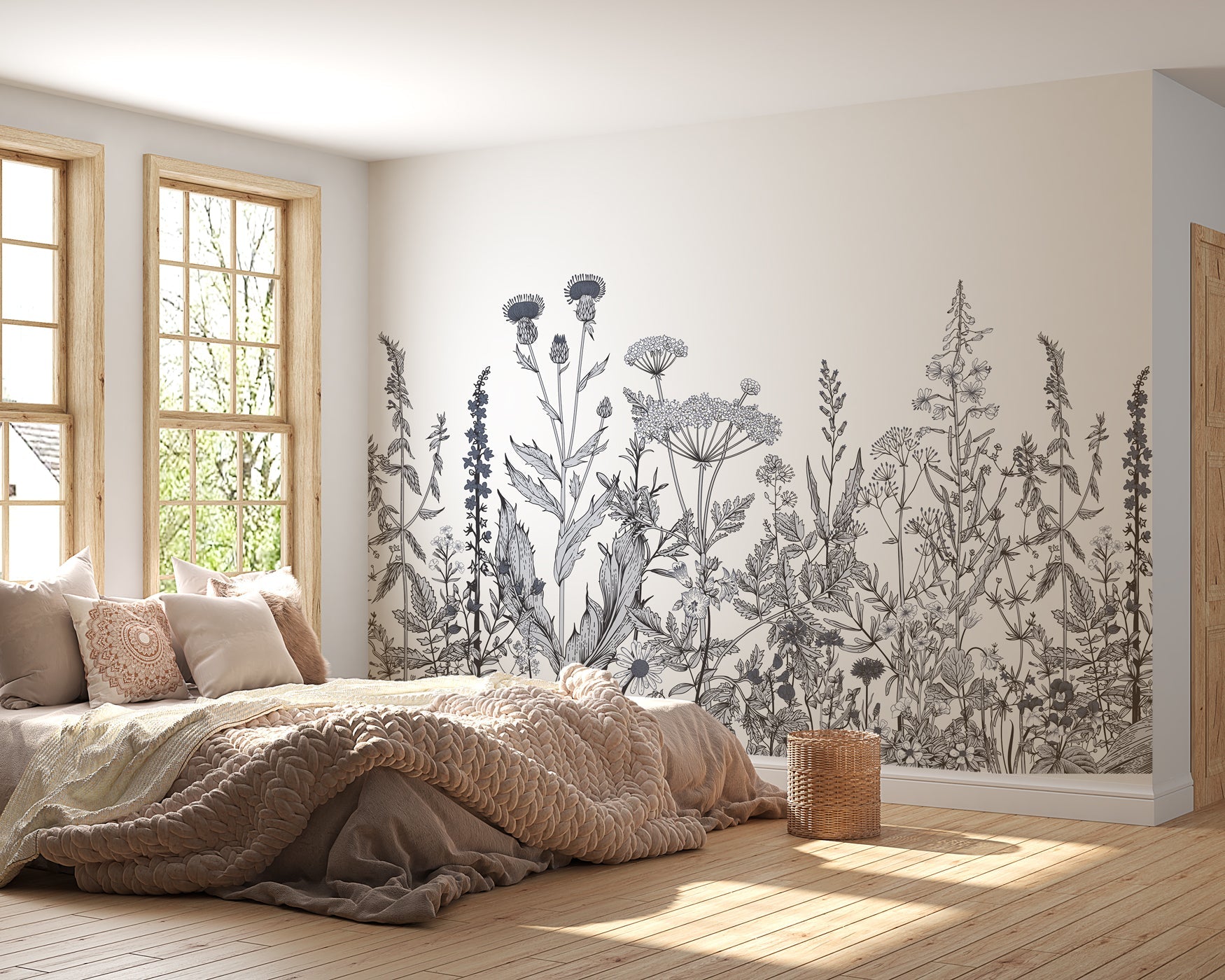 Papier peint botanique folk noir et blanc, XXL, tendance