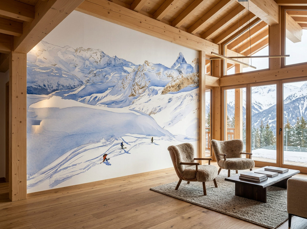 Papier peint heliski Zermatt – Montagnes suisses en aquarelle - Muralconcept