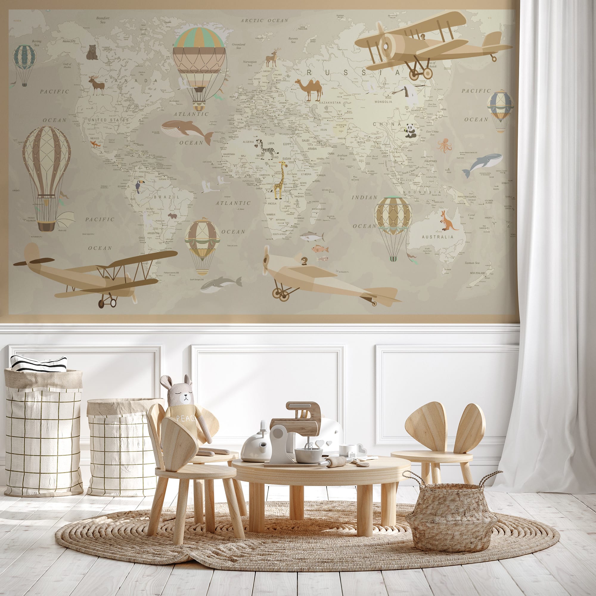 Papier peint enfant carte du monde aviateur - Muralconcept