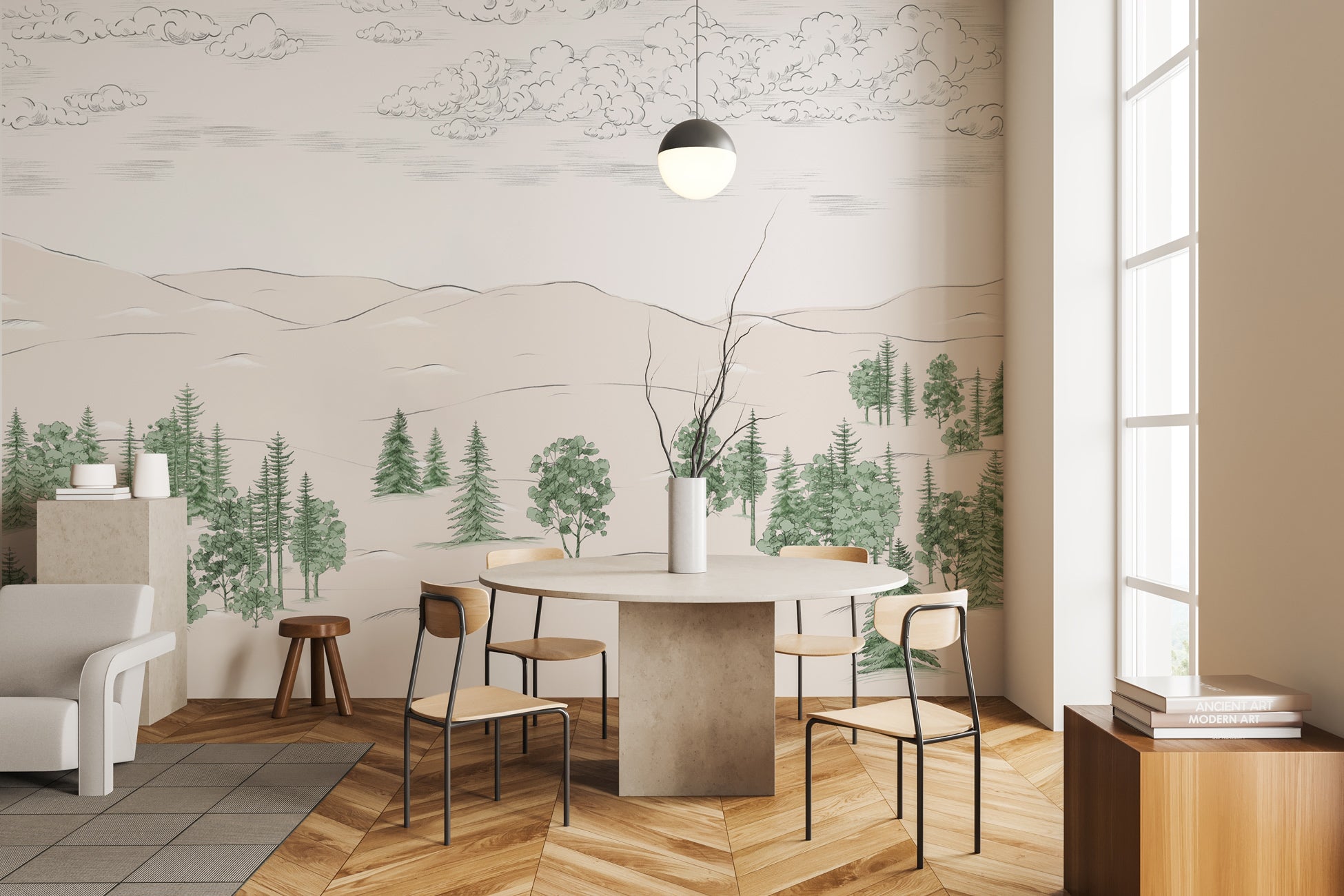 Papier peint esquisse de Cimes vert, mural concept, tendance