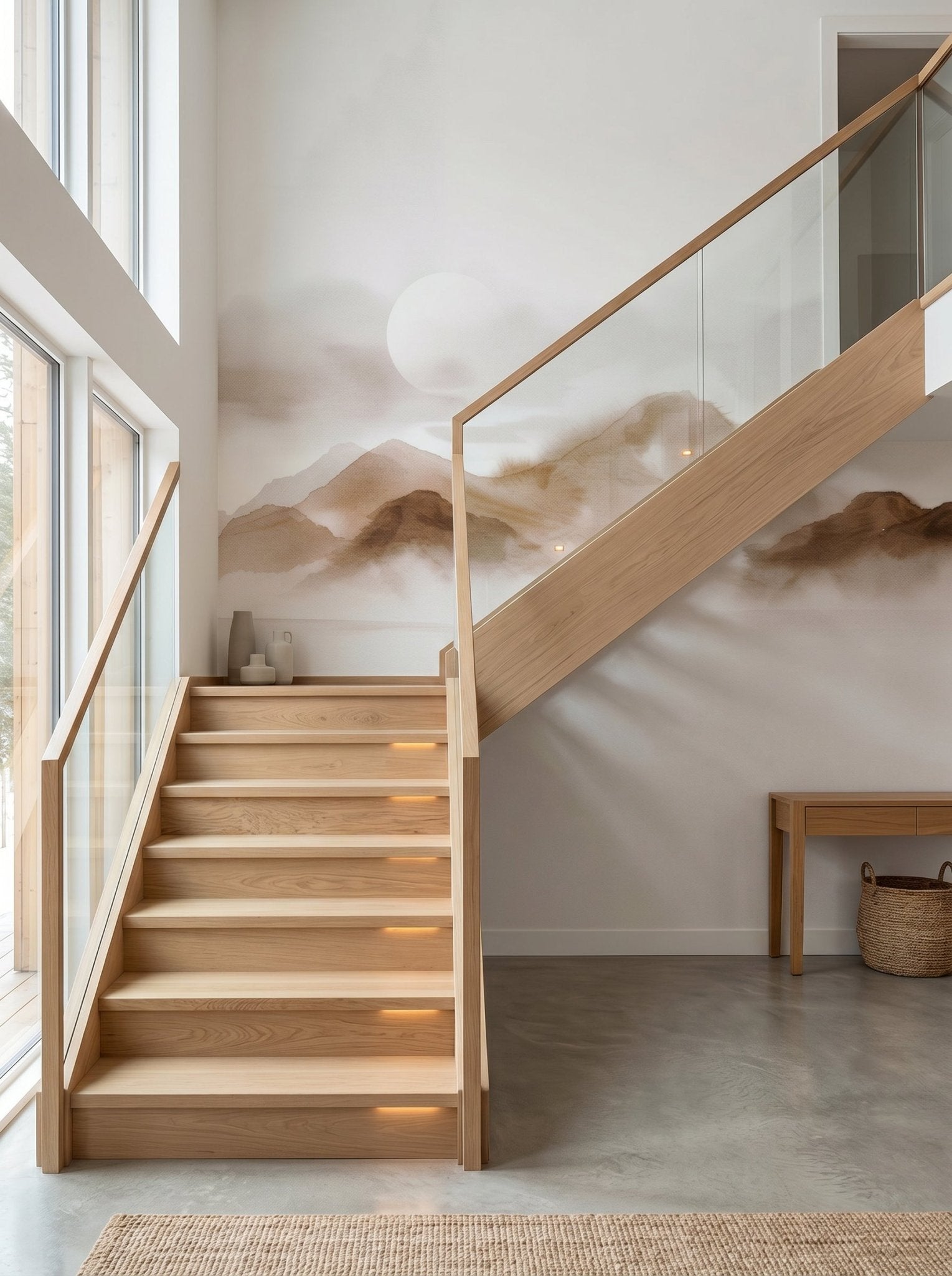 Papier peint escalier - Montagnes voilées - Lueur sépia - Muralconcept
