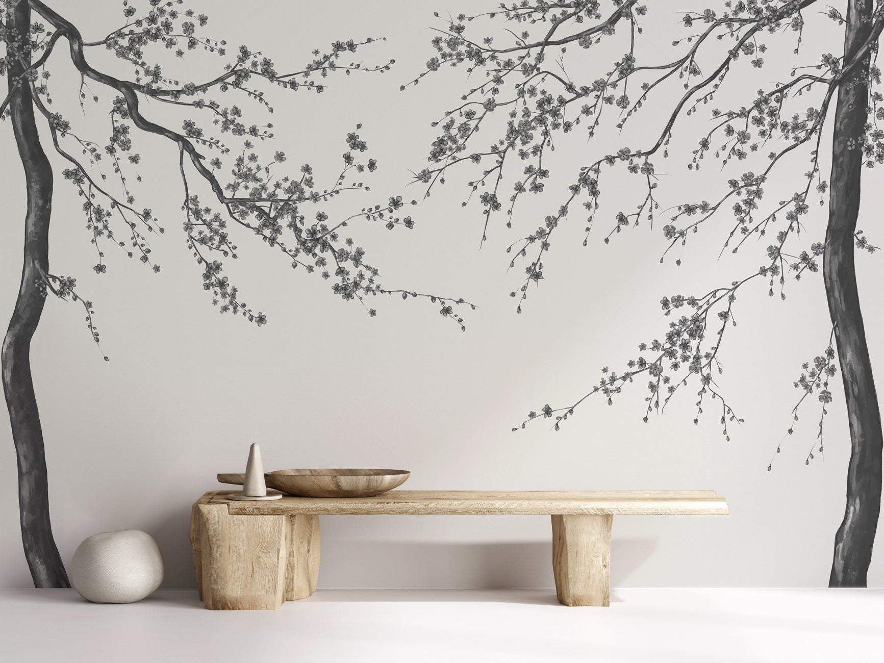 Papier peint panoramique fleur Sakura noir et blanc, XXL, tendance