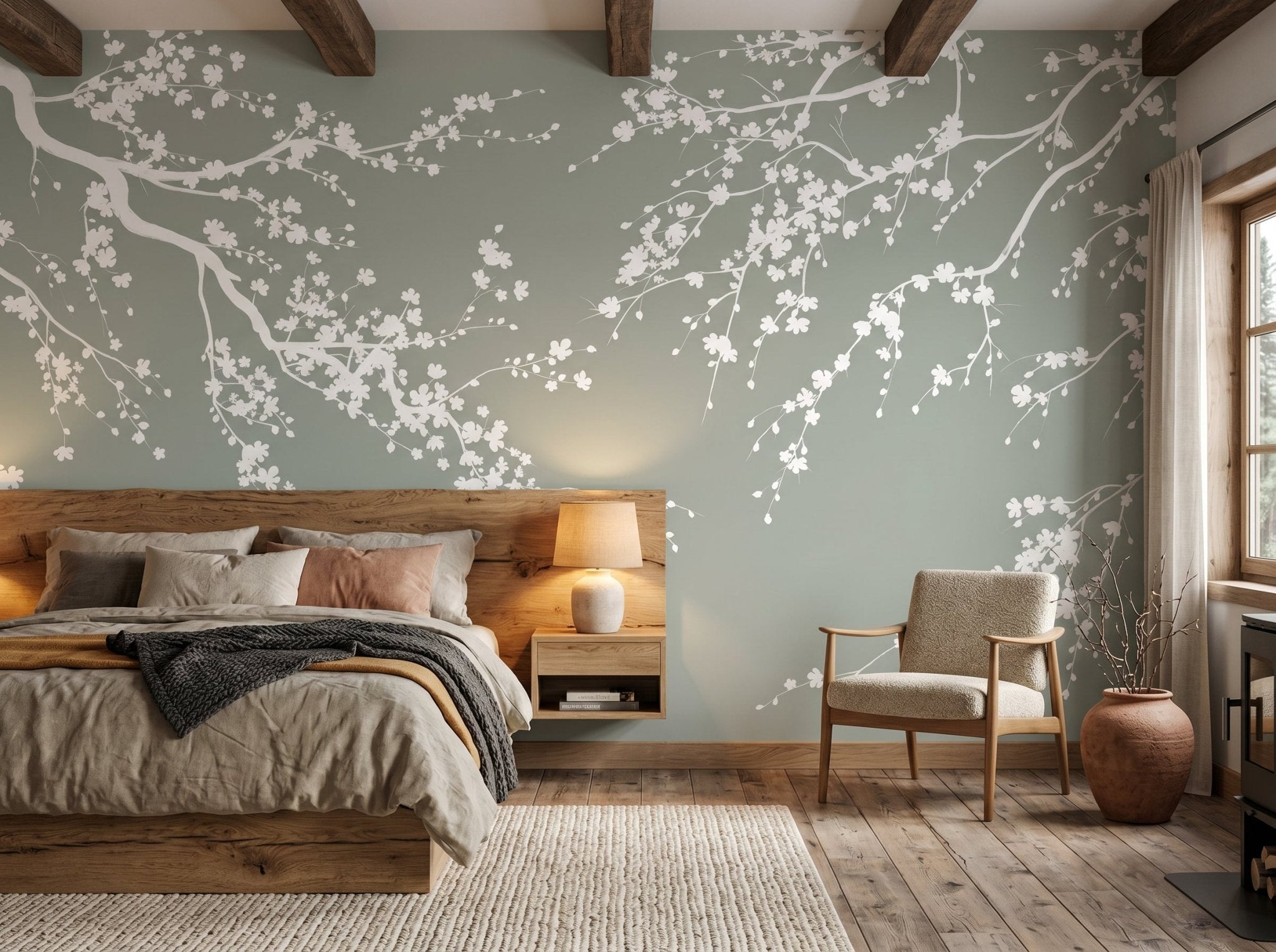 Papier peint panoramique Sakura vert sauge - Muralconcept