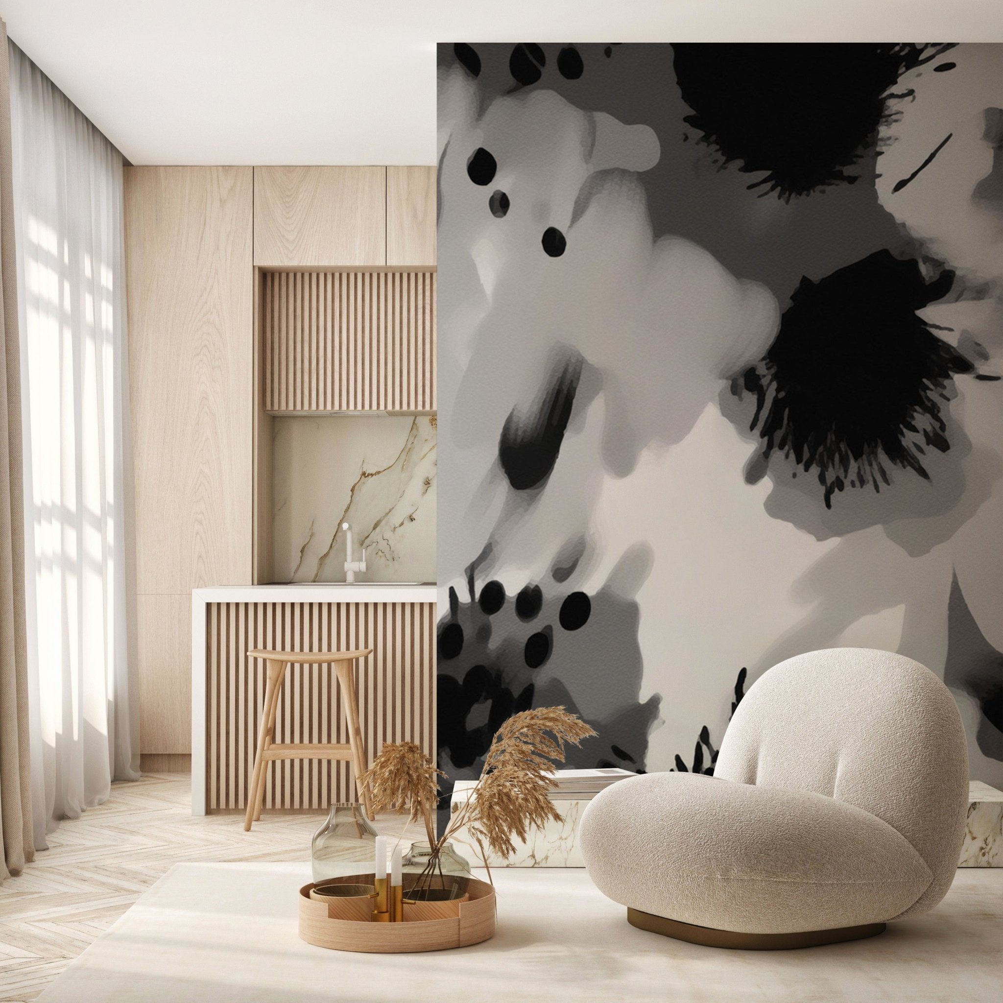 Papier peint fleur hypnotique noir et blanc, mural concept, tendance