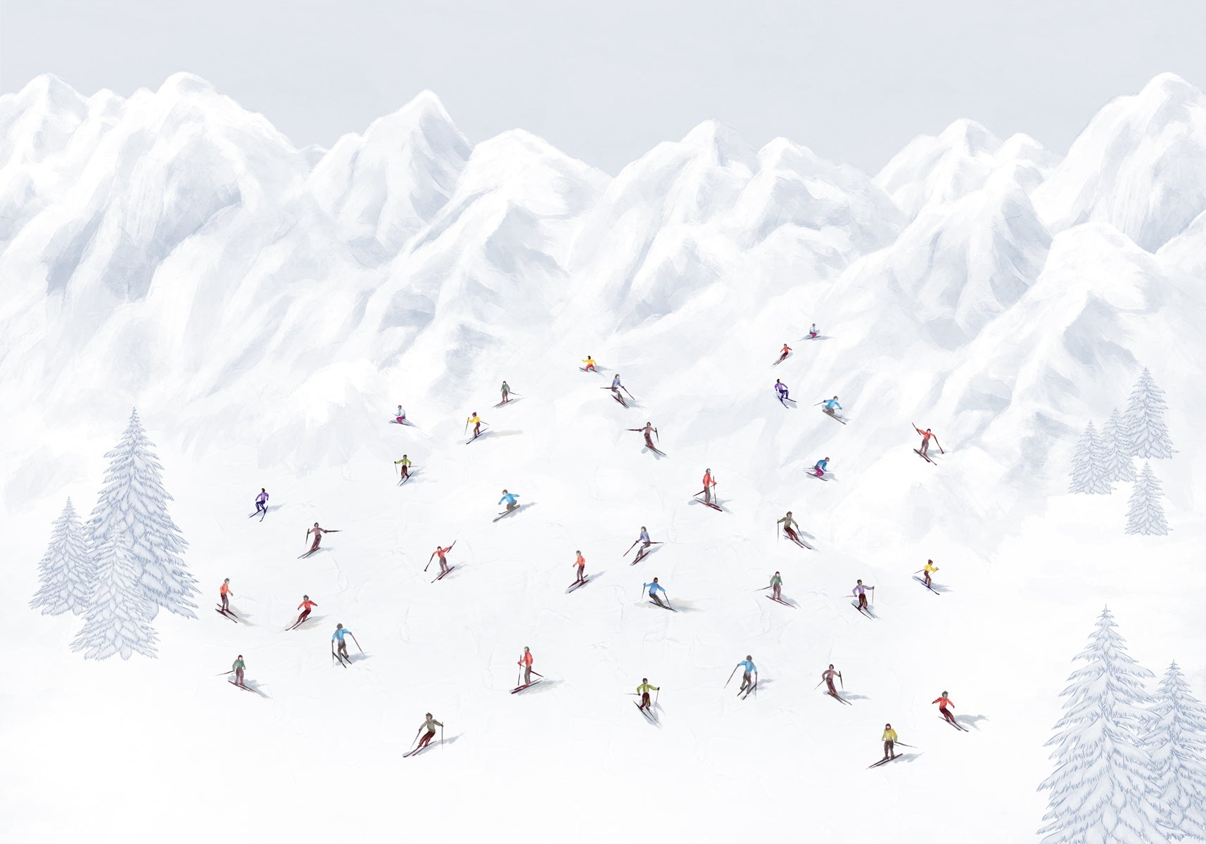 Papier peint montagne skieurs colorés, mural concept, tendance