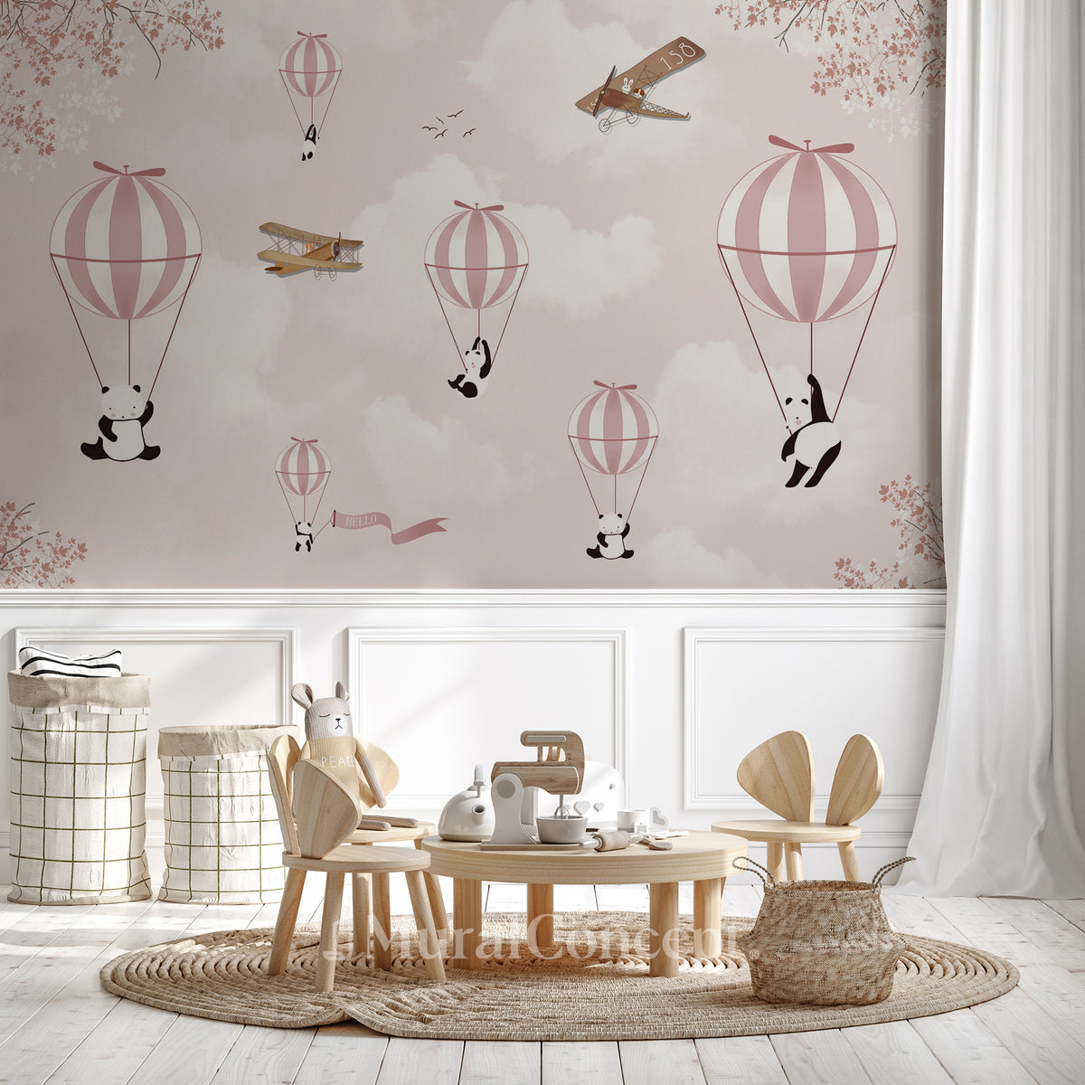 Children's bedroom wallpaper Panda nuage rose