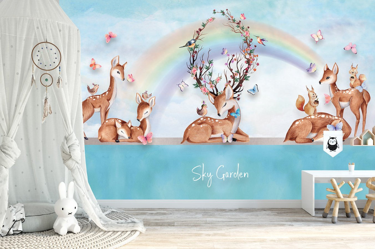 Children's bedroom wallpaper soft rainbow deer