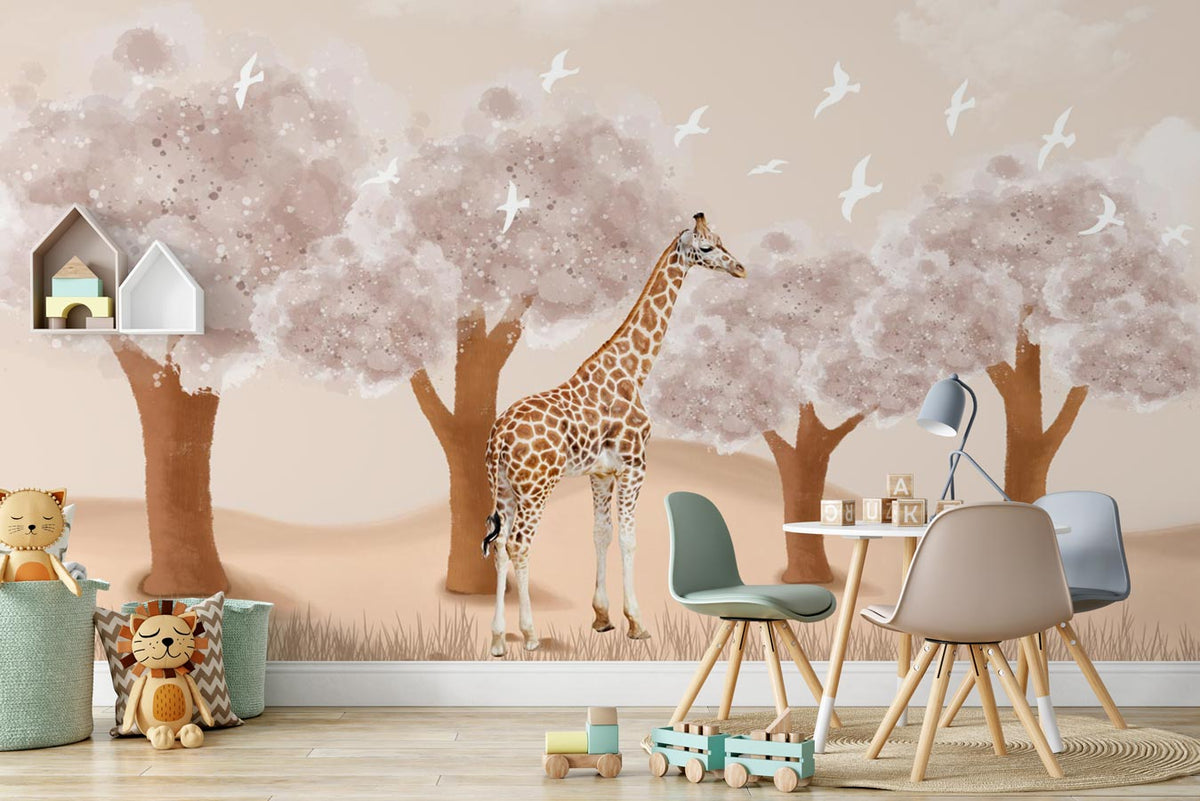 Papier peint chambre enfant Girafe dans la Savane