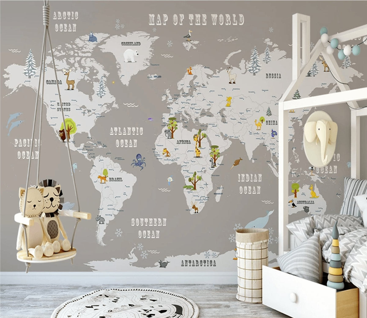 Children's wallpaper World map in taupe