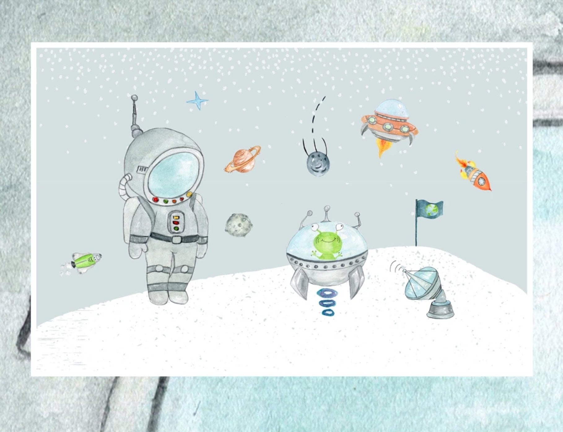 Papier peint enfant cosmonaute espace fusée - papier peint sur mesure francais - muralconcept