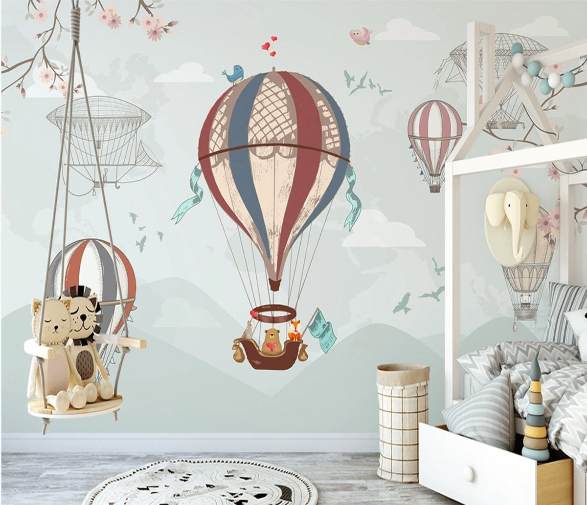 Carta da parati vintage per bambini con mongolfiera e animali