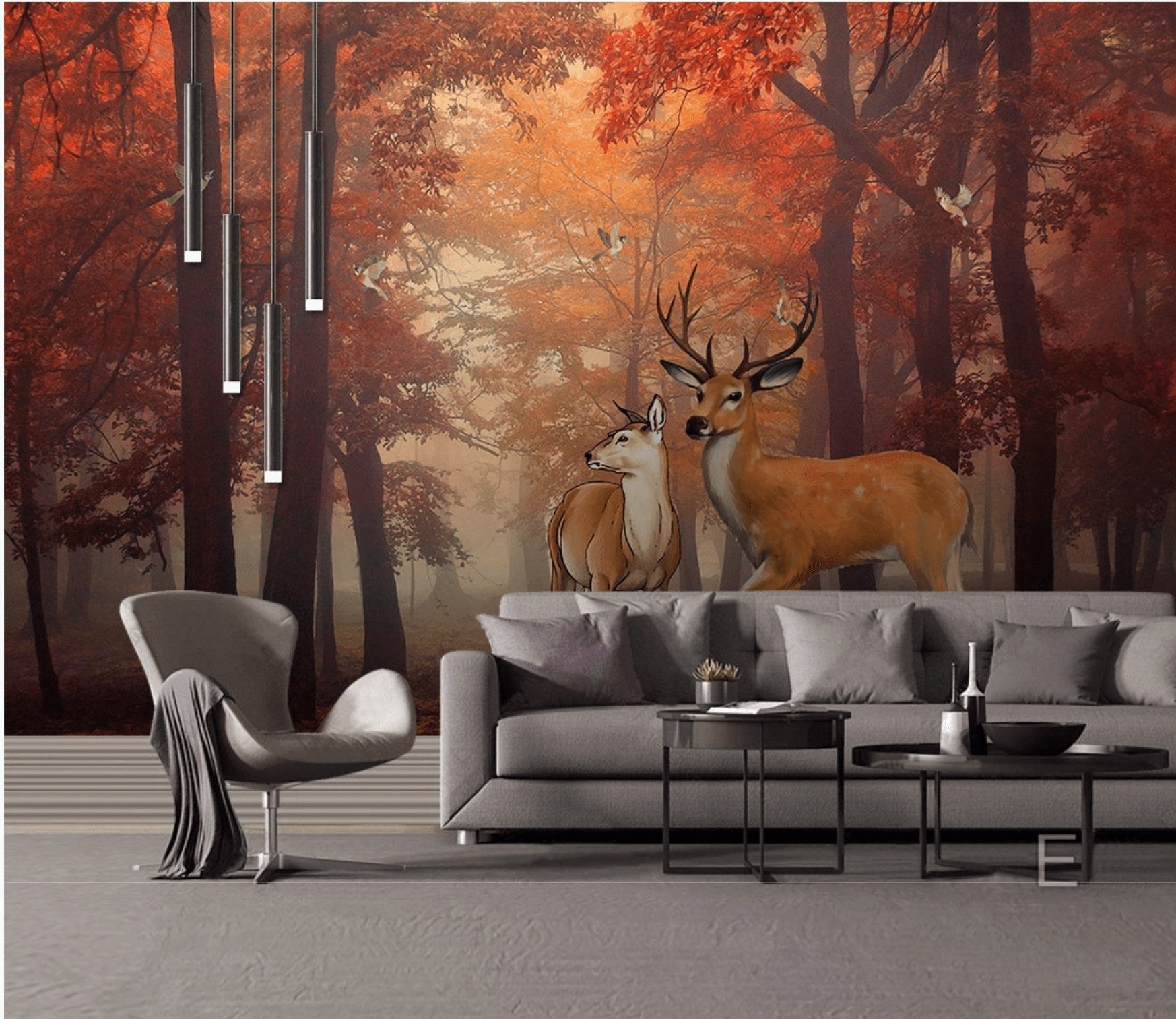 Papier peint Forêt couleur d'automne & Cerfs - papier peint sur mesure francais - muralconcept