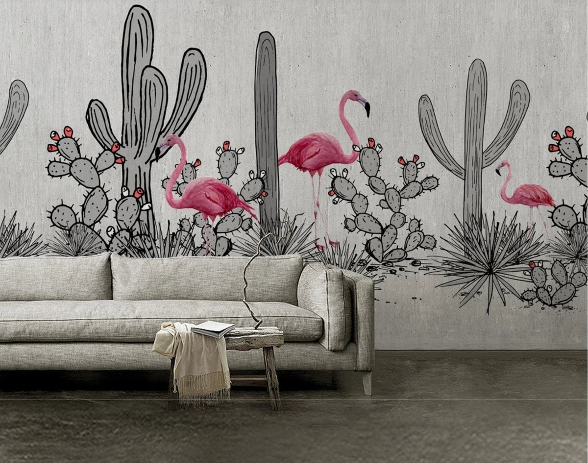 Panoramic cactus & pink flamingo wallpaper