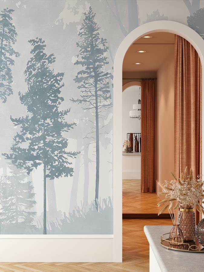 Papier peint panoramique forêt bleu scandinave - papier peint sur mesure francais - muralconcept