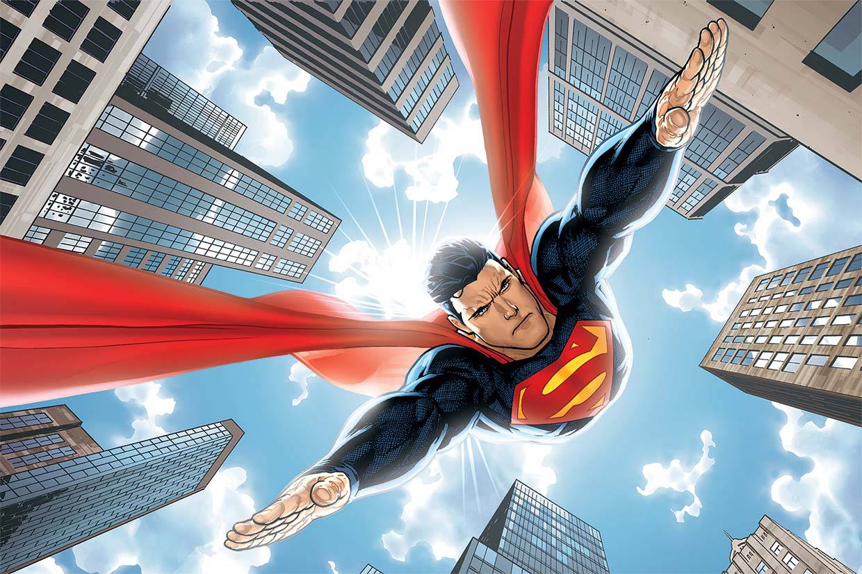 Papier peint panoramique héro superman BD survol city vintage - papier peint sur mesure francais - muralconcept