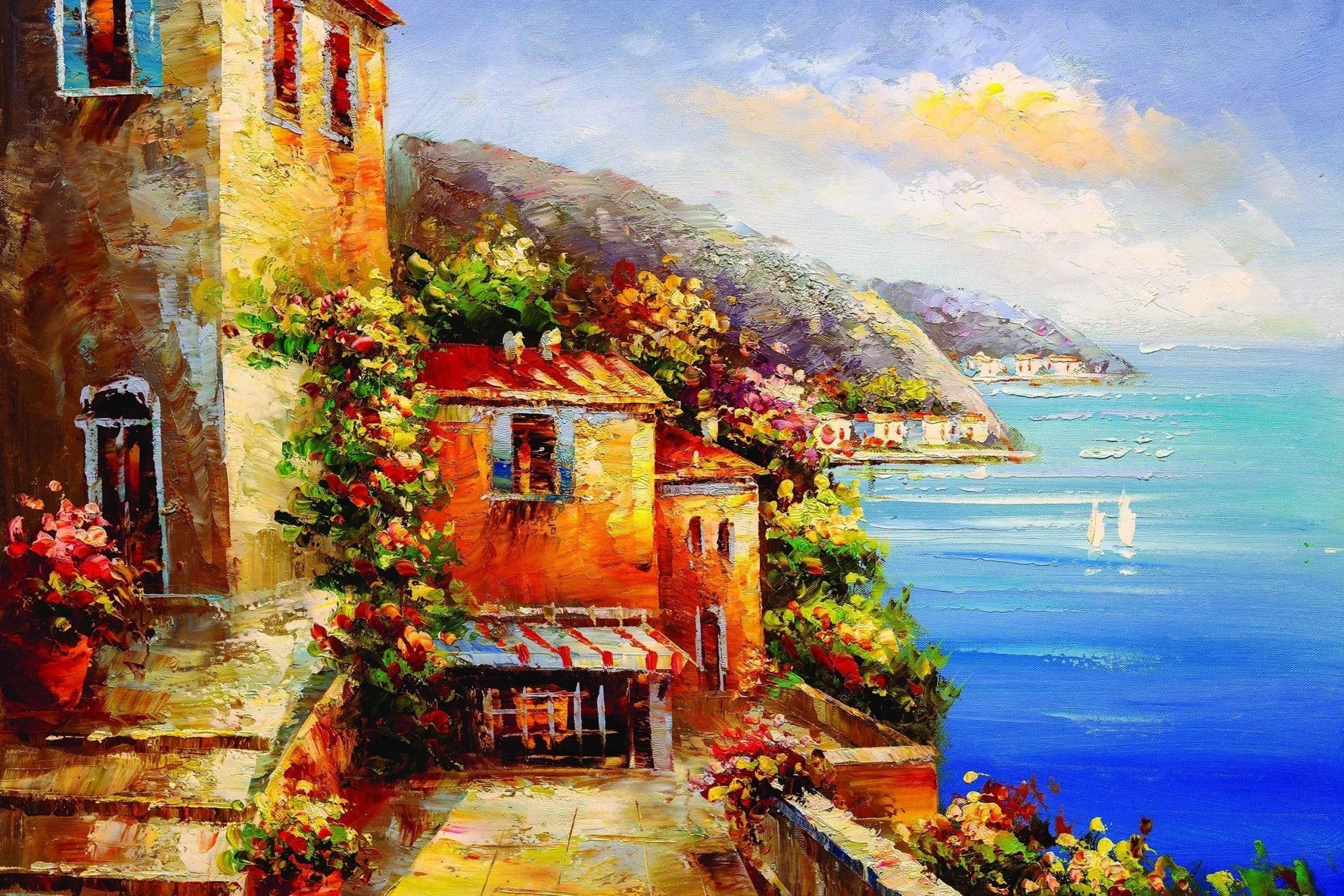 Papier peint village bord de mer - papier peint sur mesure francais - muralconcept