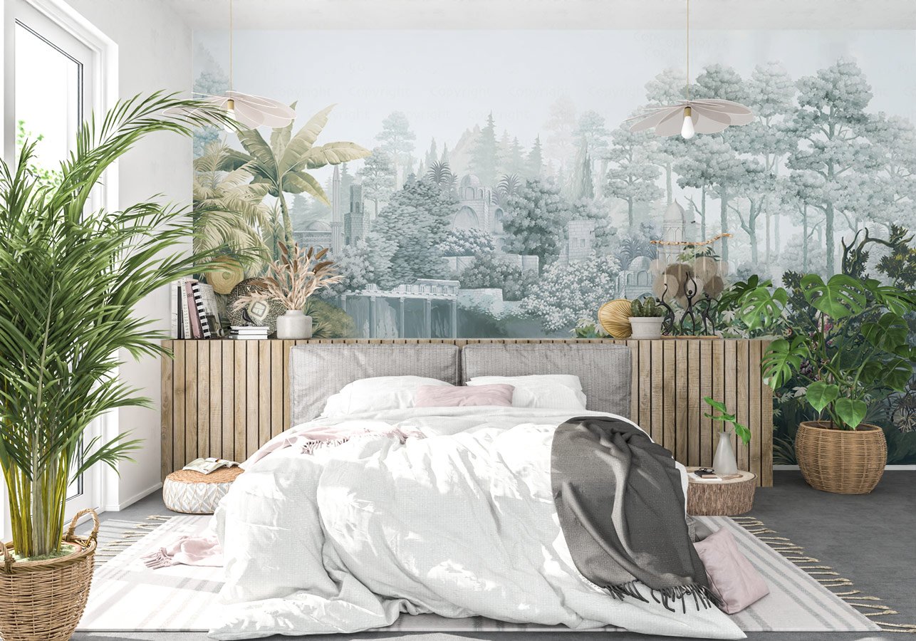 Papier peint paysage lointain gravure - papier peint sur mesure francais - muralconcept