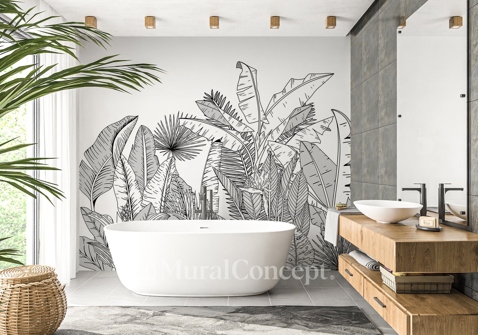Papier peint salle de bain noir et blanc botanic leaf - panoramique sur mesure francais - muralconcept