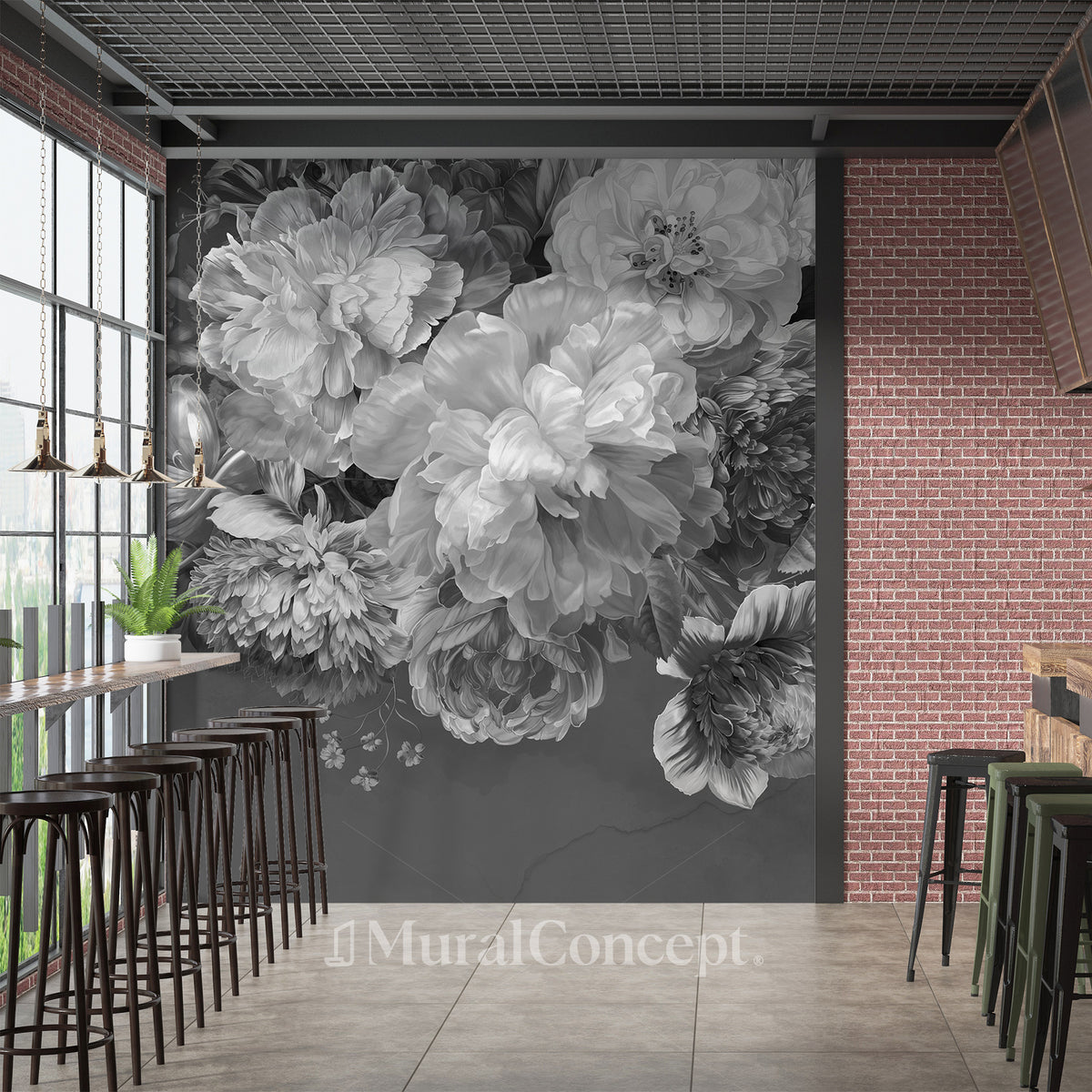 Peony black and white bistro wallpaper