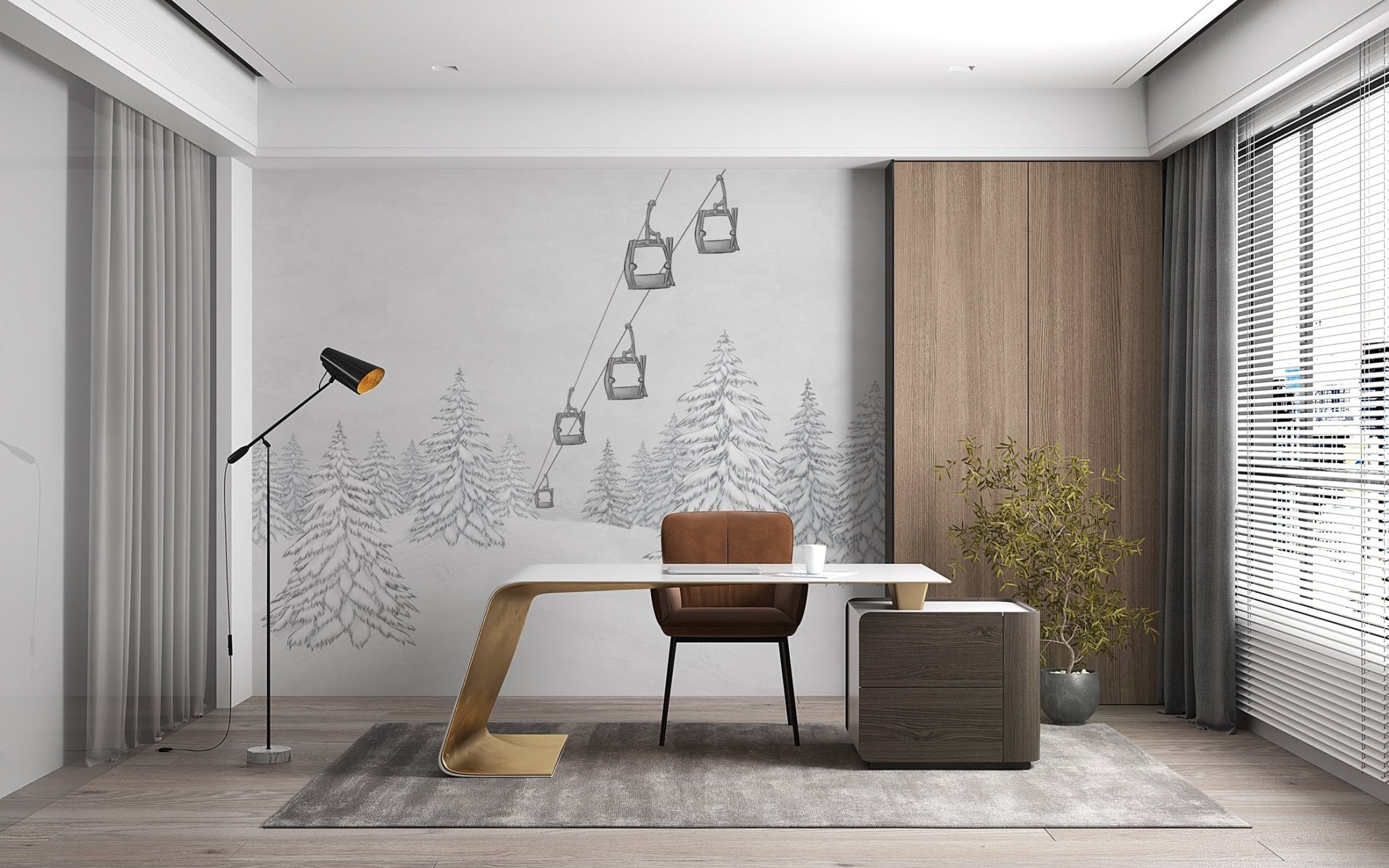 Papier peint montagne télécabine noir & blanc, mural concept, tendance